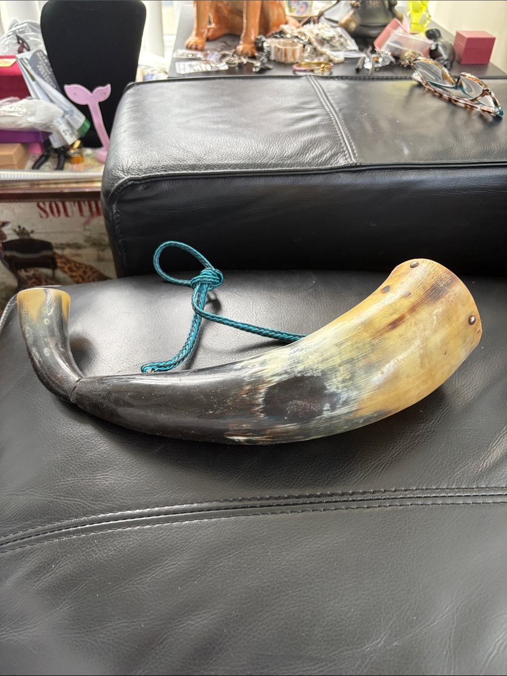 Handcrafted Modern Black Power Horn With Wood End Cap